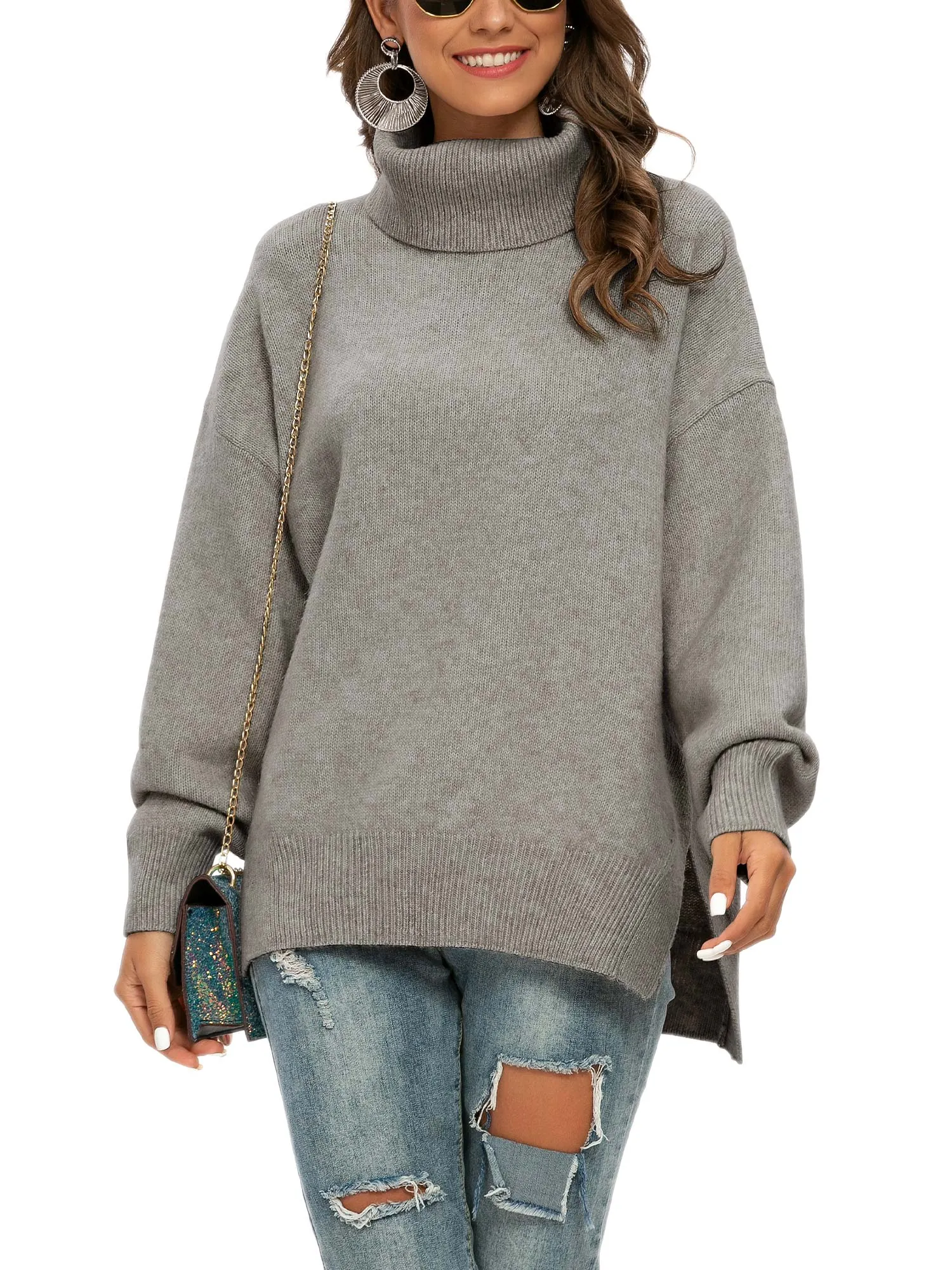Pulllover Side Slit Turtle Neck Sweater