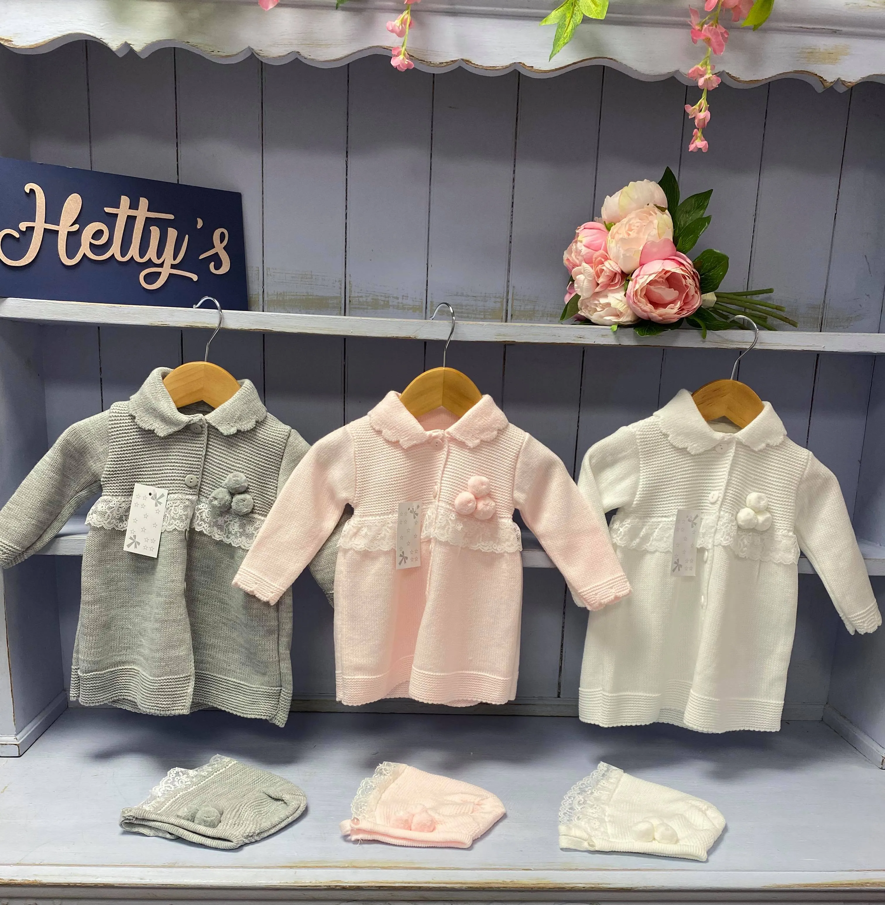 "Larna" Pom Pram Coat With Lace Detail And Bonnet