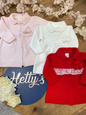 "Larna" Pom Pram Coat With Lace Detail And Bonnet