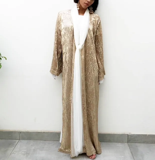 RAMADAN 18 GOLD SEQUINS TULLE ABAYA WITH TULLE DETAILING