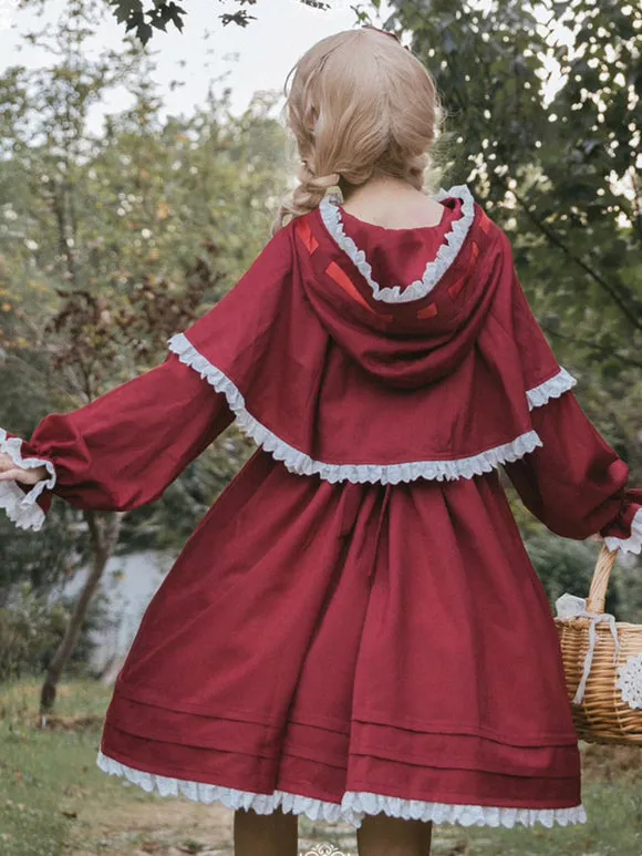 ROCOCO Style Lolita Poncho Red Polyester Lace Bows Winter Lolita Outwears