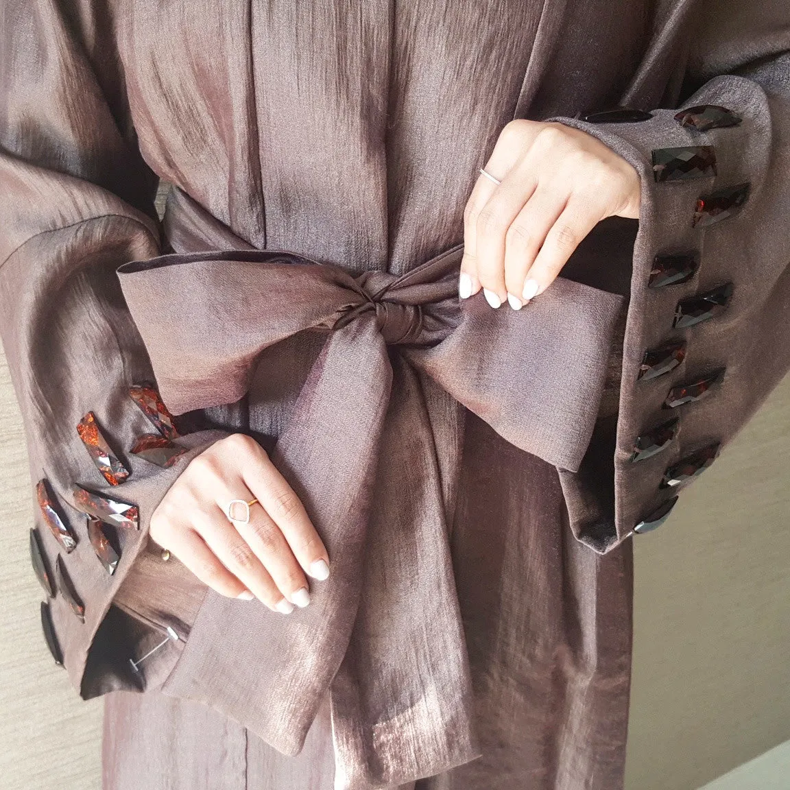 Satin Cotton Abaya in Chocolate with Glass bead Embellishments