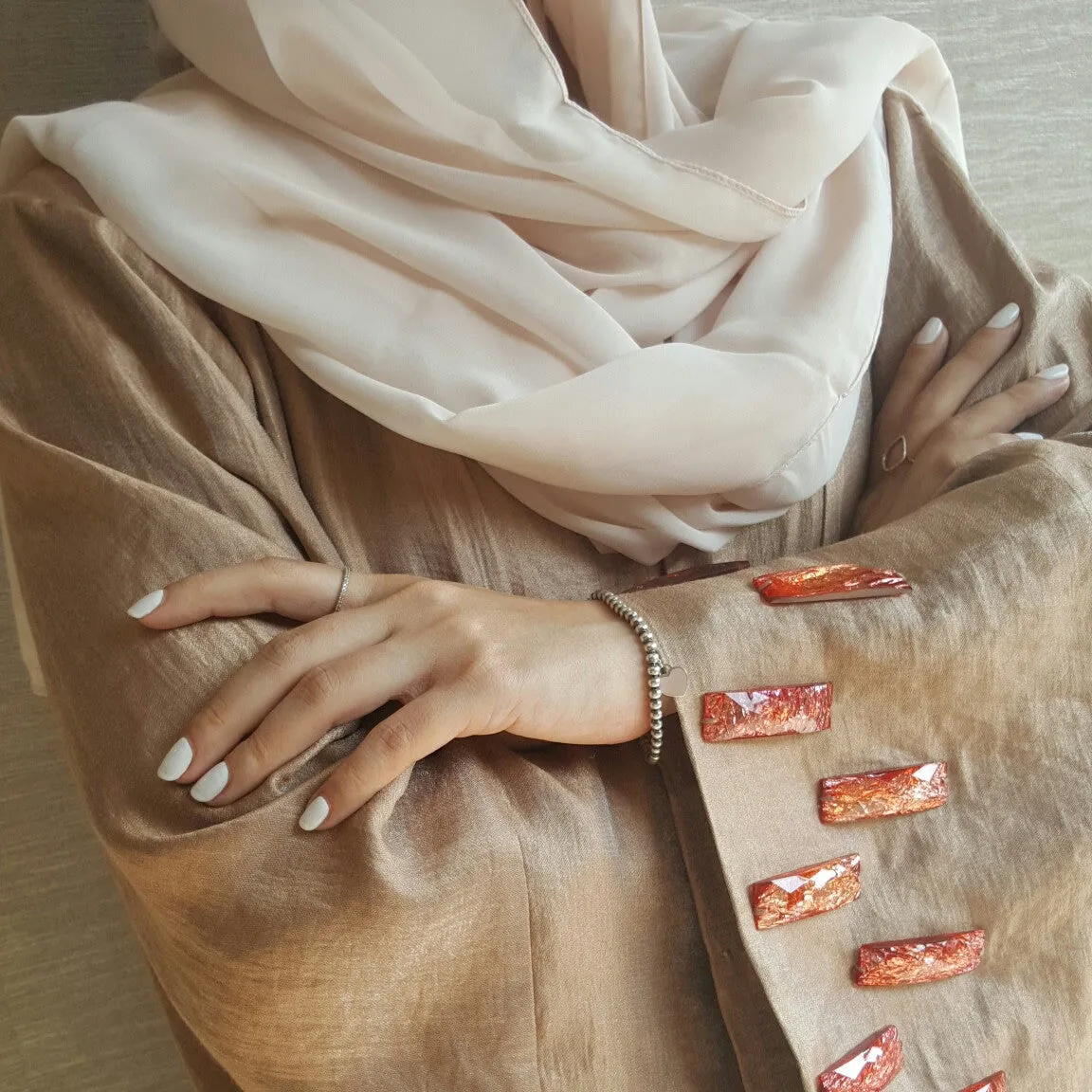 Satin cotton Classic Cut rose Gold Abaya Robe with Glass Bead Wrk
