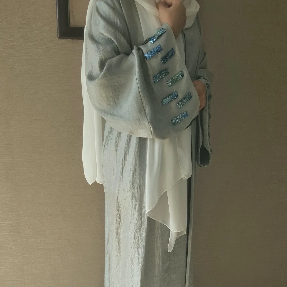 SatinCotton Classic Cut Grey Abaya with Glass Bead work