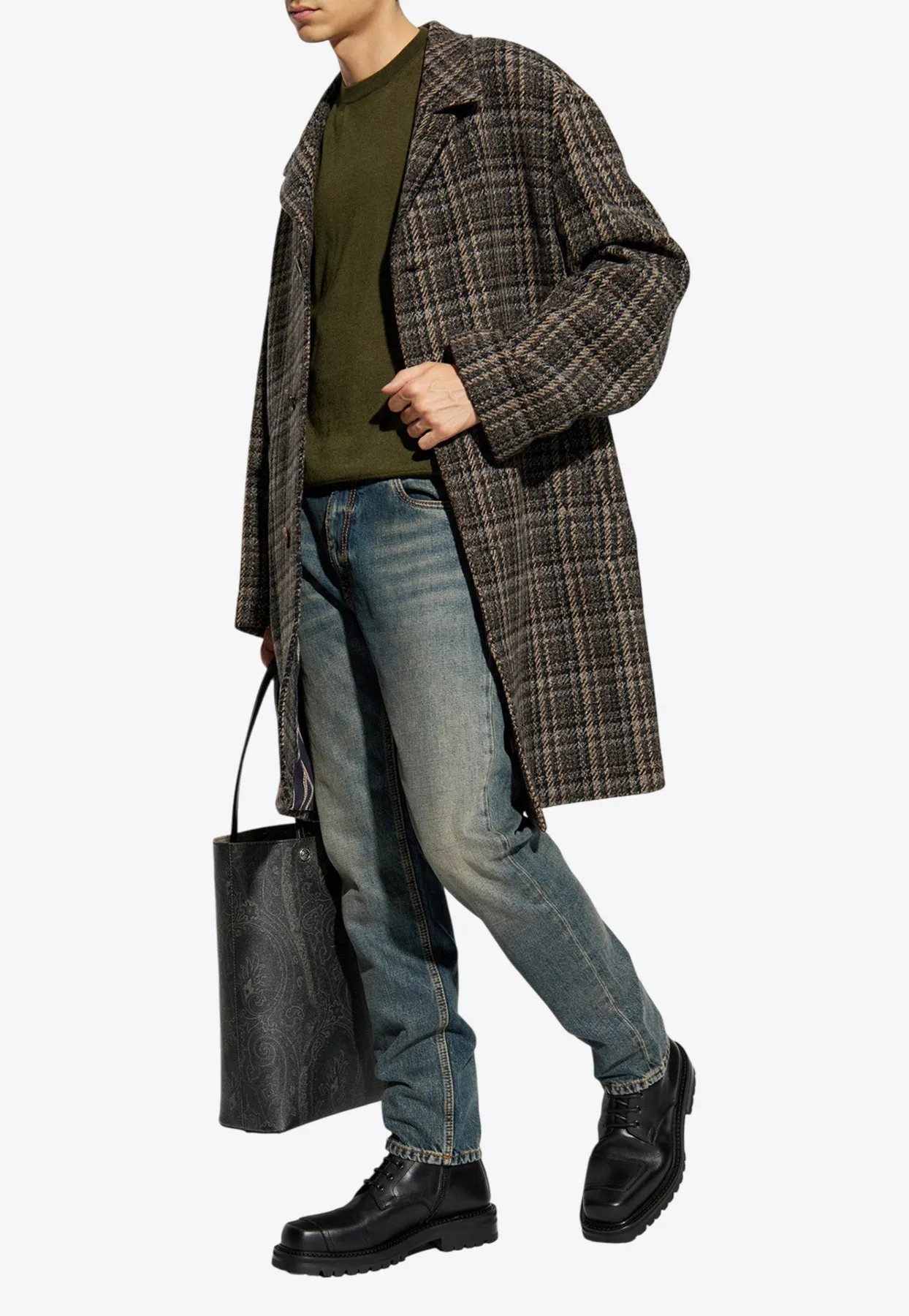 Single-Breasted Checkered Wool Coat