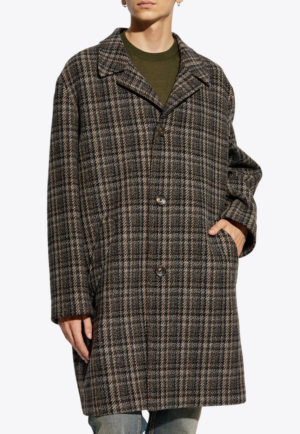 Single-Breasted Checkered Wool Coat