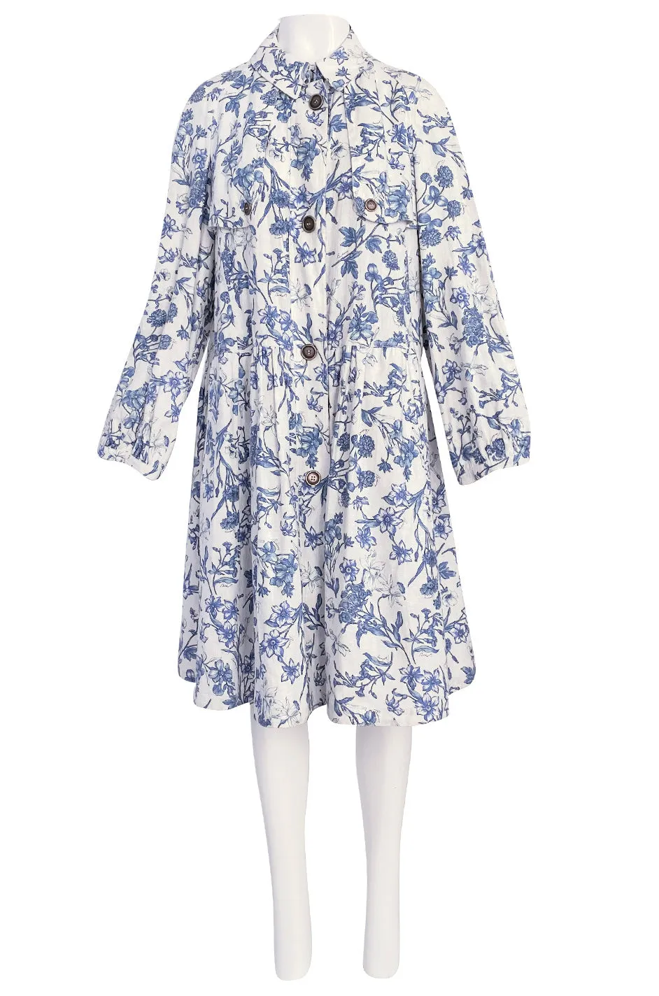 Spring 2005 Burberry Runway & Ad Campaign Blue & White Floral Print Full Cut Linen Trench Coat