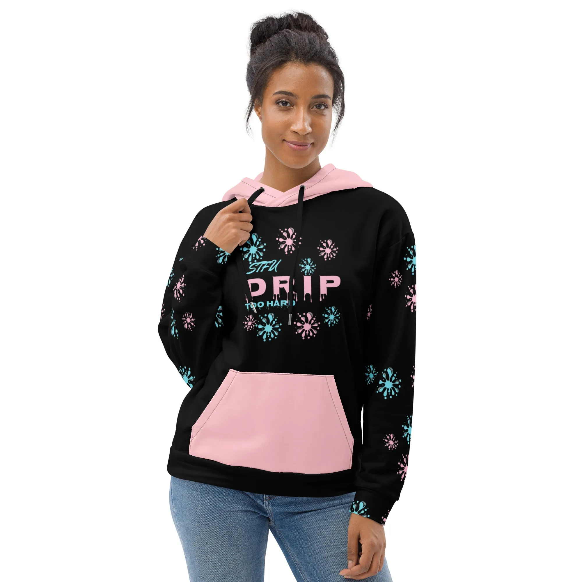 STFU Drip Too Hard Hoodie - Blue & Extra Pink on Black