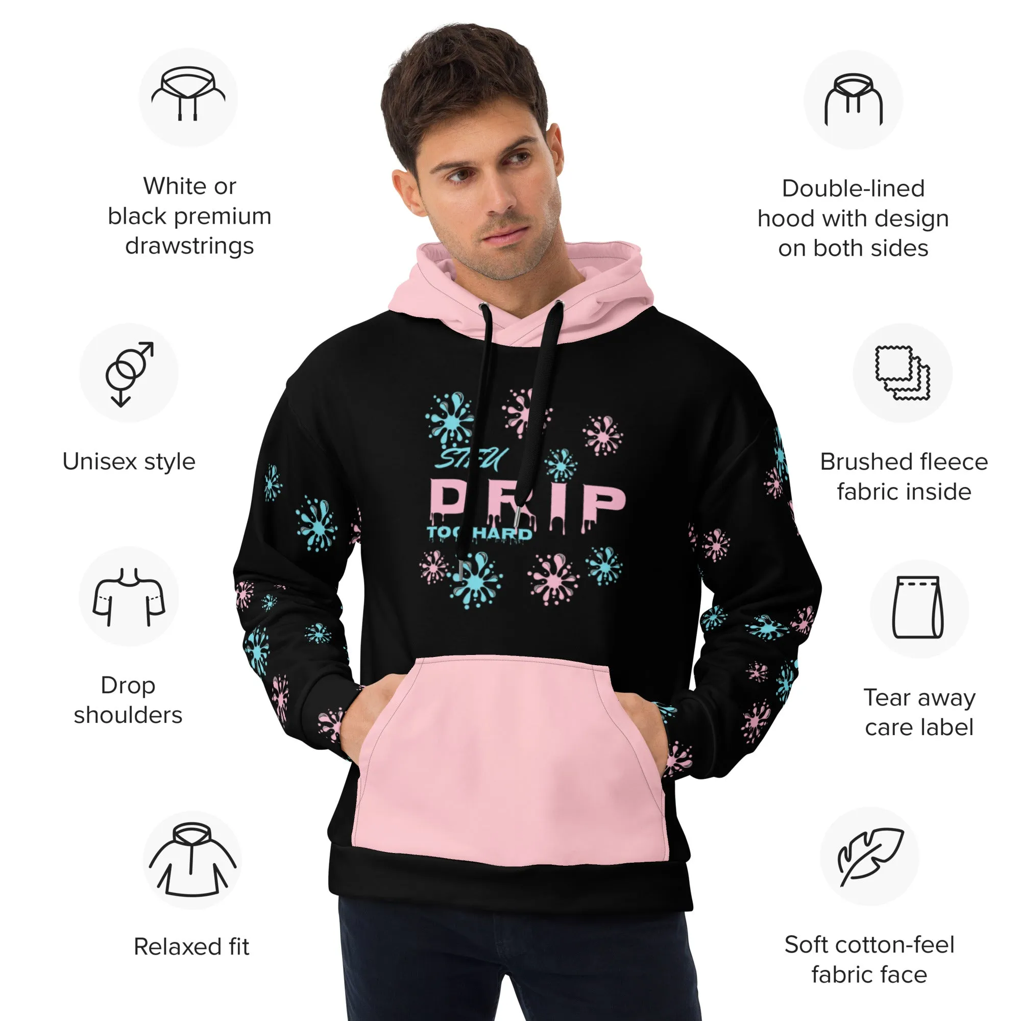 STFU Drip Too Hard Hoodie - Blue & Extra Pink on Black