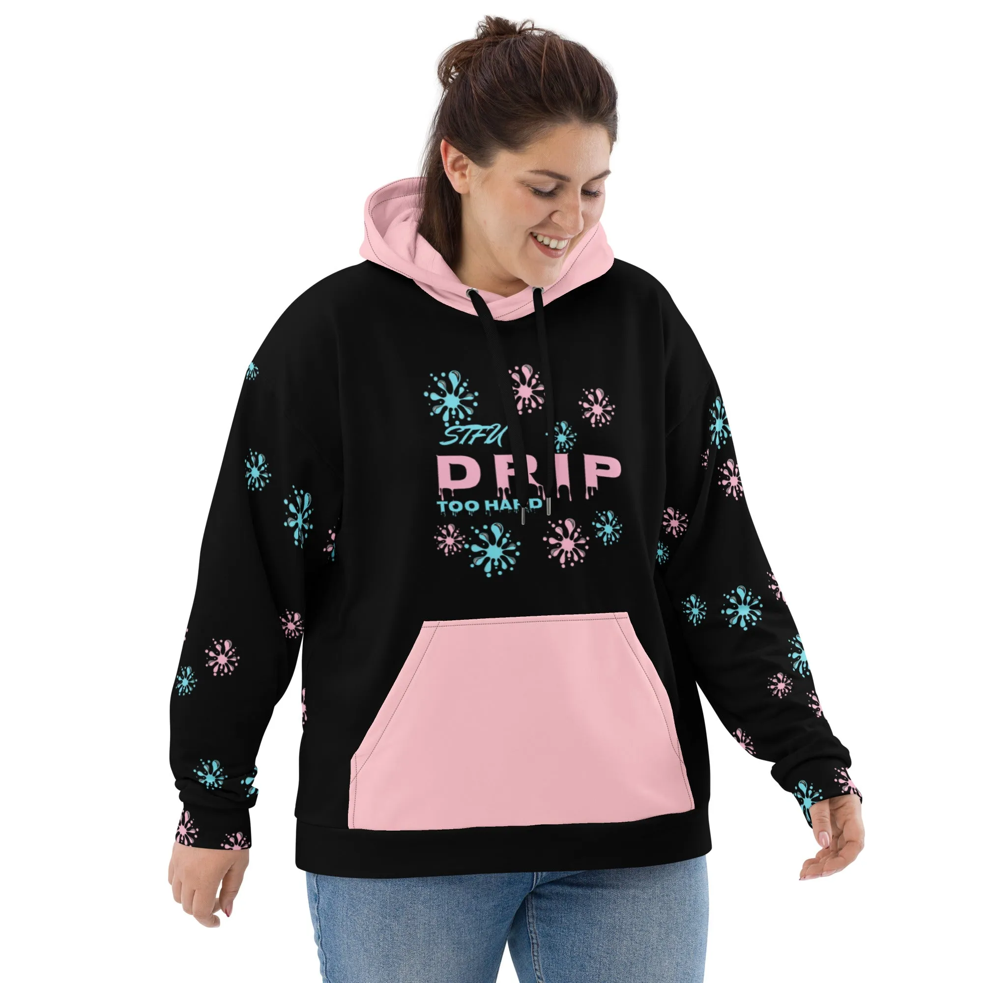 STFU Drip Too Hard Hoodie - Blue & Extra Pink on Black