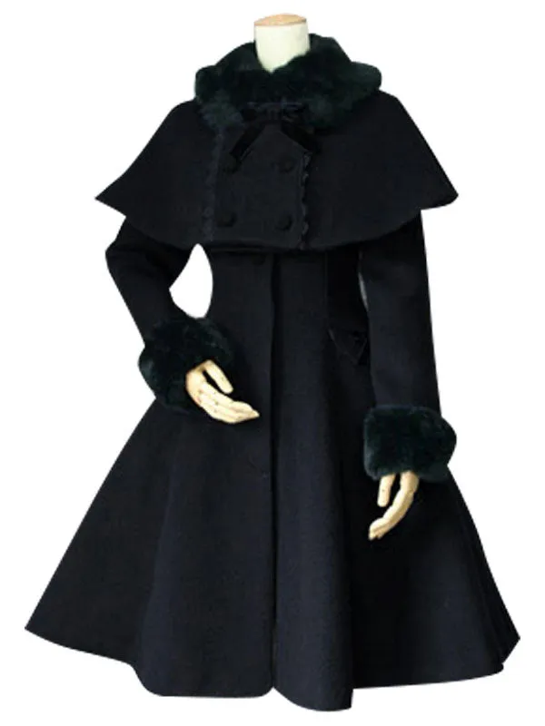 Sweet Lolita Coat Black Wool Turndown Collar Long Sleeve Slim Fit Detachable Lolita Cape Coat