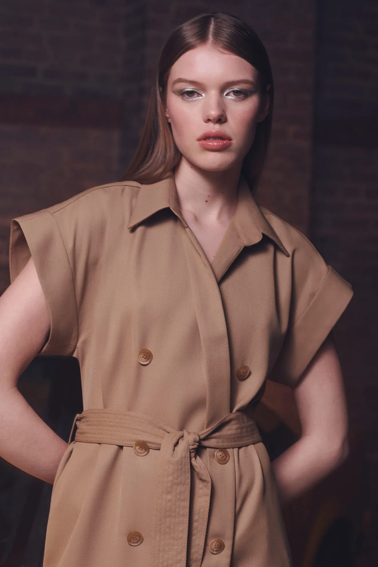 Trench Shirt Dress in Toffee Wool Suiting