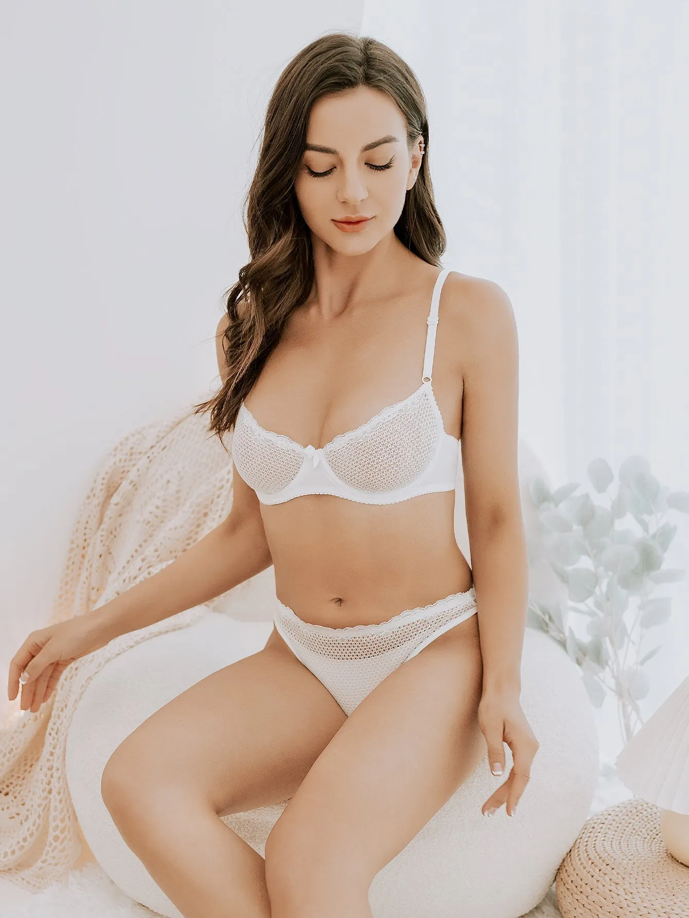 Unlined See Through 1/2 Cup Mesh Demi Shelf Underwired Bra White