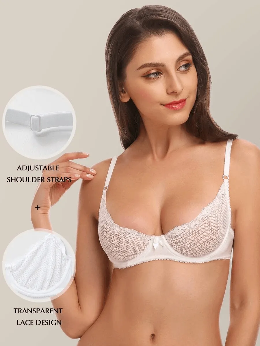 Unlined See Through 1/2 Cup Mesh Demi Shelf Underwired Bra White