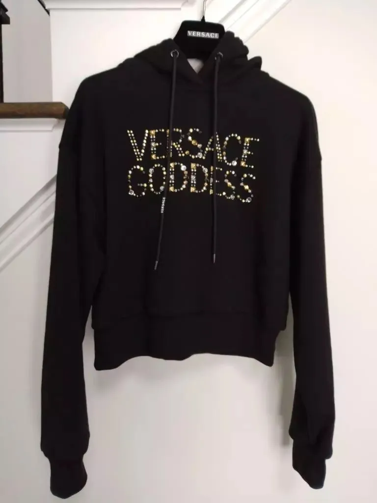 Versace Black Goddess Studded Crop Hoodie