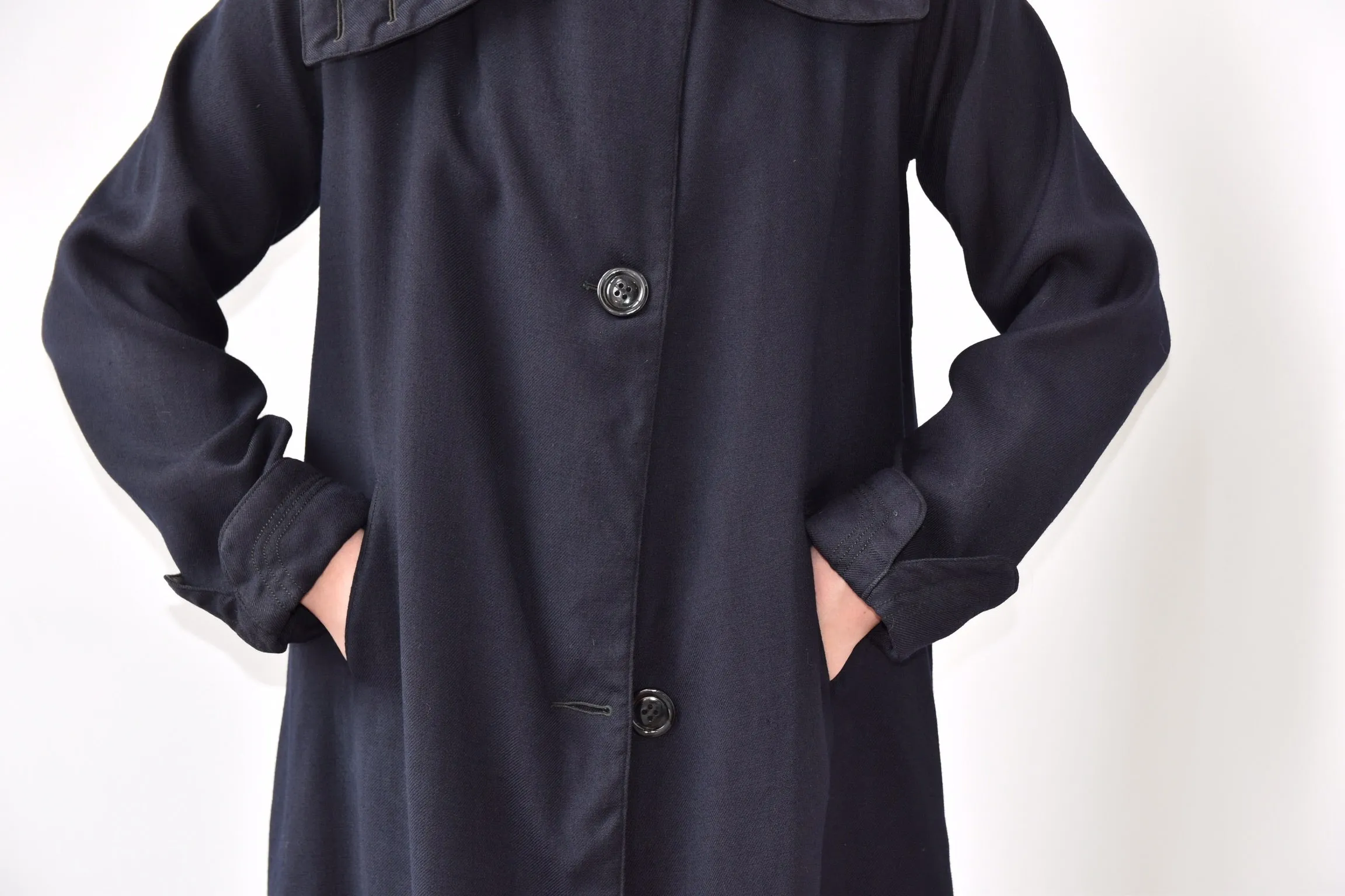 Vintage 100% Lamb’s Wool Navy High Collar Trench Coat