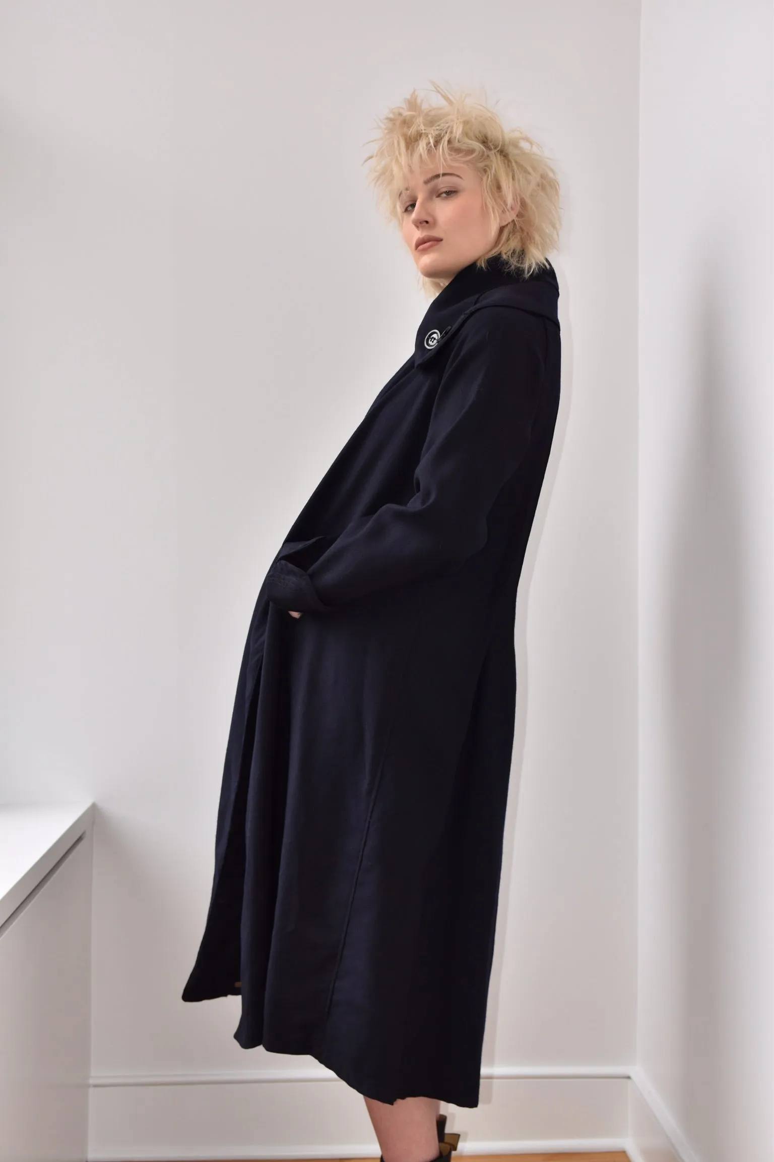 Vintage 100% Lamb’s Wool Navy High Collar Trench Coat