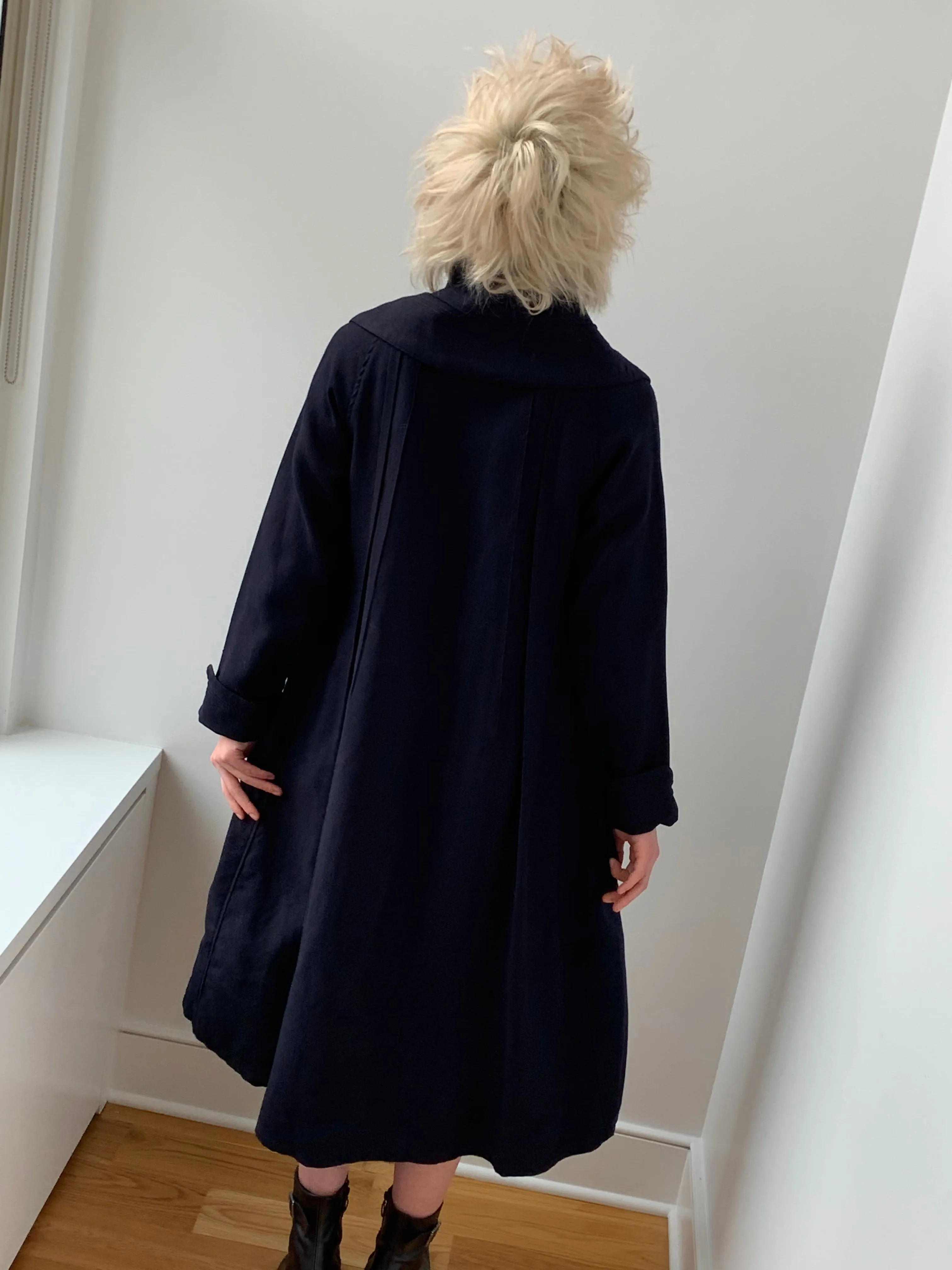 Vintage 100% Lamb’s Wool Navy High Collar Trench Coat