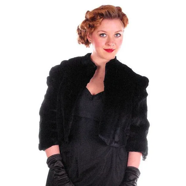 Vintage Black Sheared Rabbit Fur Chub Short Jacket 1930's Velvety Soft Small