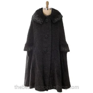 Vintage Swing Cape Coat Charcoal Mohair Persian Lamb  Trim 1940s Berroco One Size
