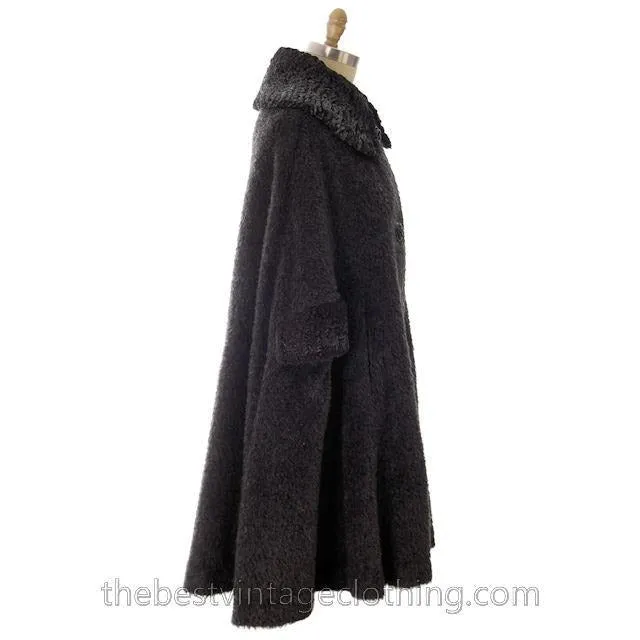 Vintage Swing Cape Coat Charcoal Mohair Persian Lamb  Trim 1940s Berroco One Size