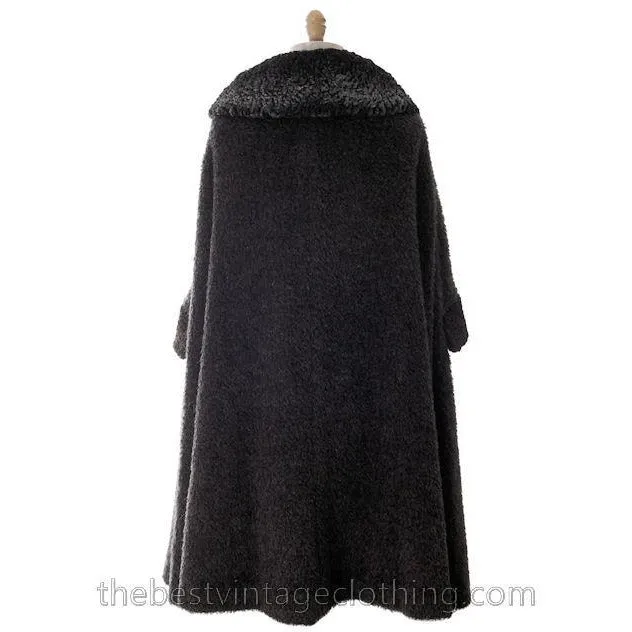 Vintage Swing Cape Coat Charcoal Mohair Persian Lamb  Trim 1940s Berroco One Size