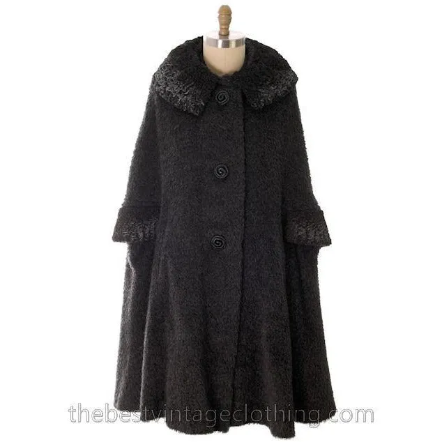 Vintage Swing Cape Coat Charcoal Mohair Persian Lamb  Trim 1940s Berroco One Size