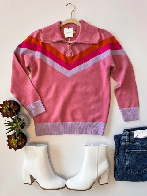 Vintage Vibes Pink Quarter Zip Sweater