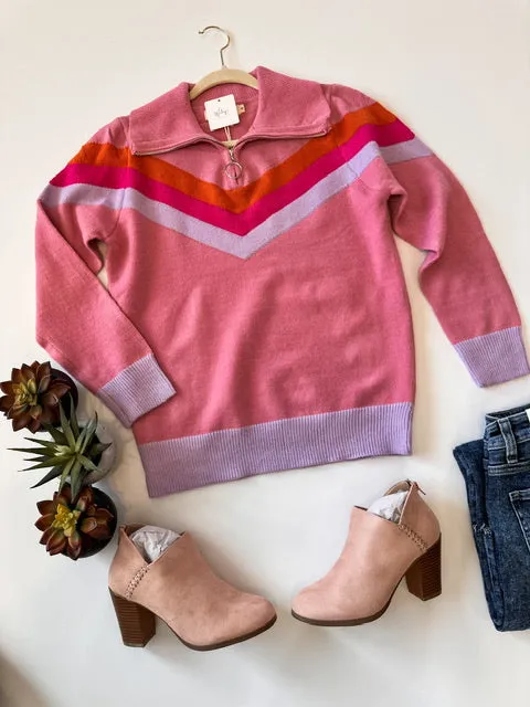 Vintage Vibes Pink Quarter Zip Sweater