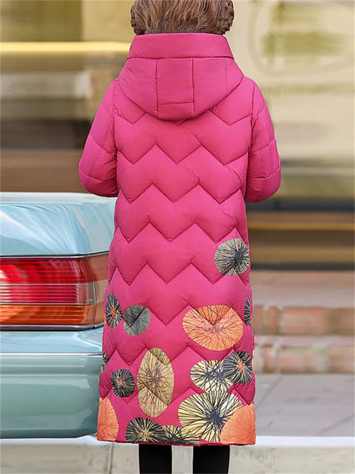 Warm Mid-length Hooded Printing Quilted Coats for Women