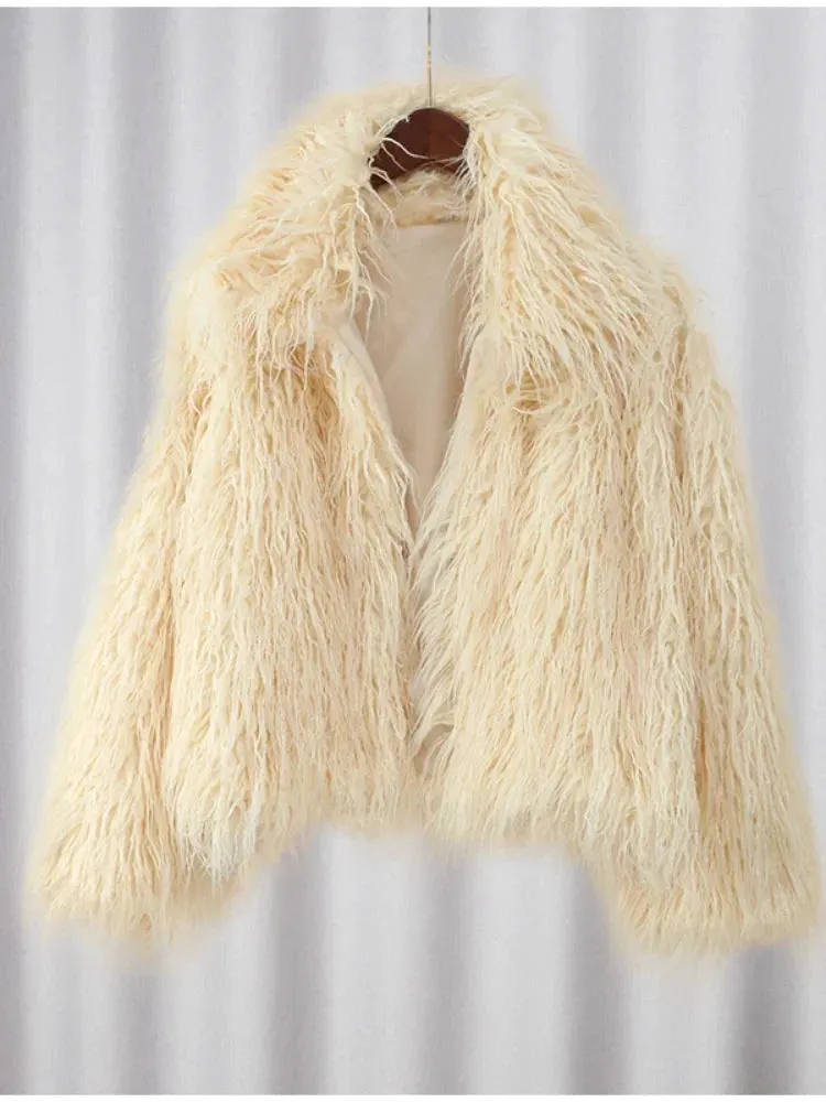 Winter Fashion Solid Fluffy Fur Coat Women High Street Luxury Lapel Collar Faux Fur Jacket Female Casual Overcoats