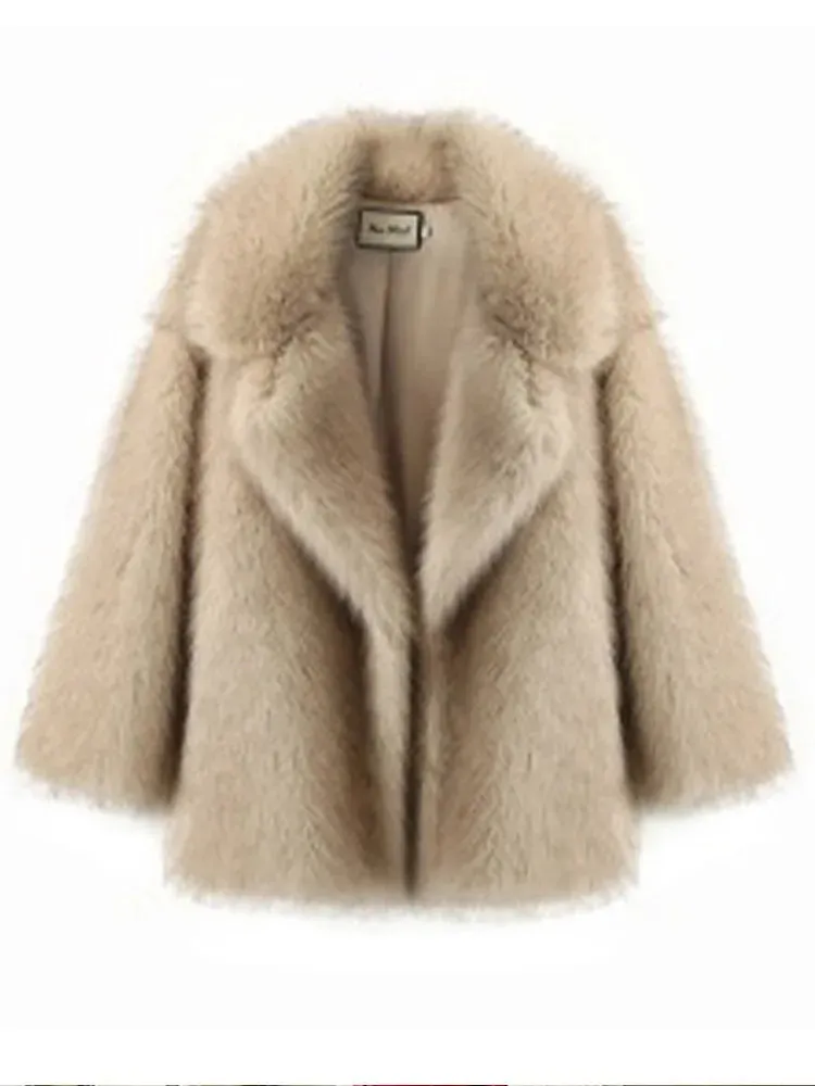 Women Autumn Winter Solid Fluffy Faux Fur Thick Coat Elegant Lapel Long Sleeves Short Overcoats 2024 New Warm Street Outerwear