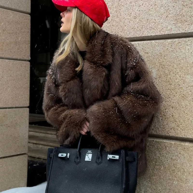Women Autumn Winter Solid Fluffy Faux Fur Thick Coat Elegant Lapel Long Sleeves Short Overcoats 2024 New Warm Street Outerwear