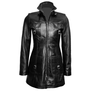 Women Black Leather Steampunk Style Trench Coat - T14 - BLK