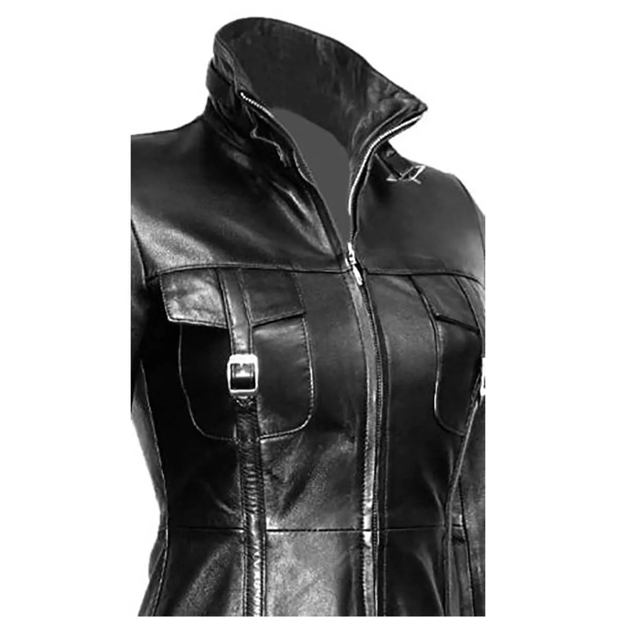 Women Black Leather Steampunk Style Trench Coat - T14 - BLK