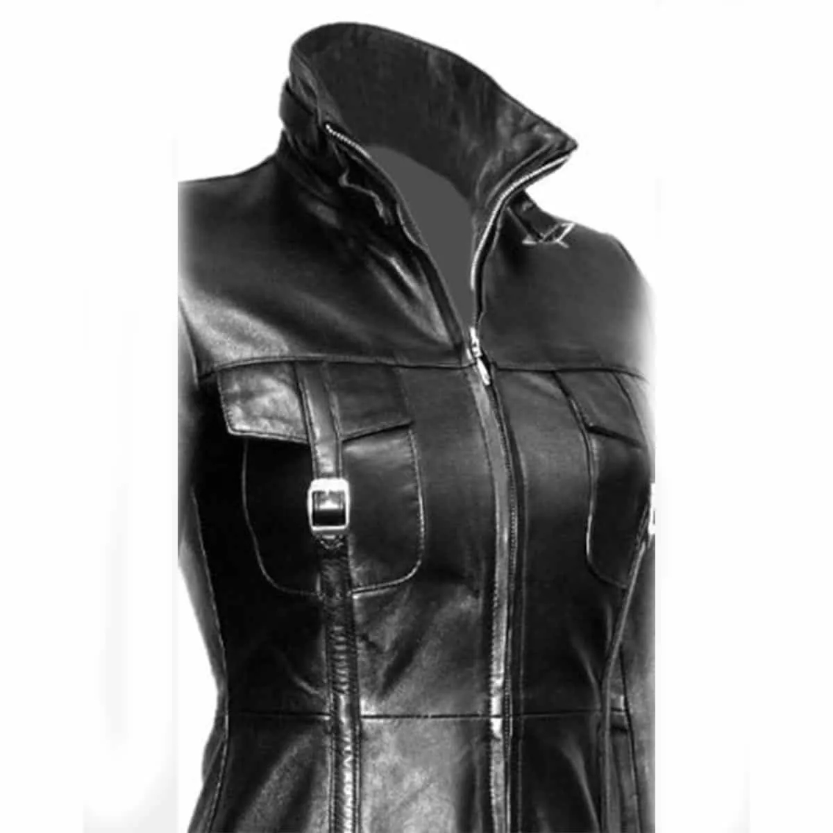 Women Black Leather Steampunk Style Trench Coat - T14 - BLK