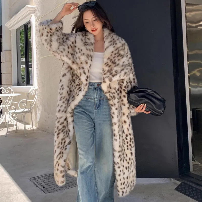 Women Leopard Print plus Size Faux Fur Coat Large Collared Loose Winter Warm Marten Overcoats Tide