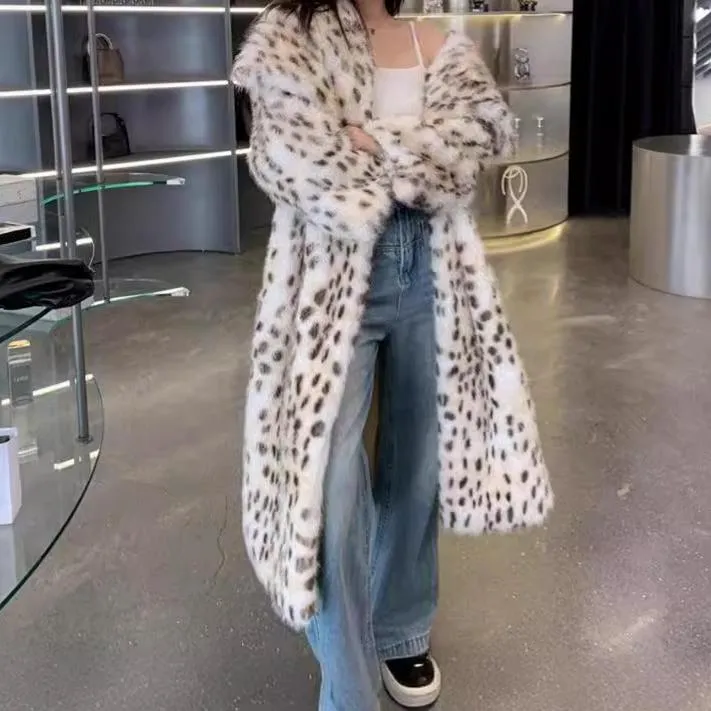Women Leopard Print plus Size Faux Fur Coat Large Collared Loose Winter Warm Marten Overcoats Tide