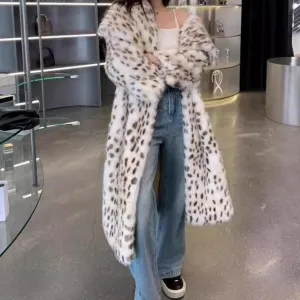 Women Leopard Print plus Size Faux Fur Coat Large Collared Loose Winter Warm Marten Overcoats Tide