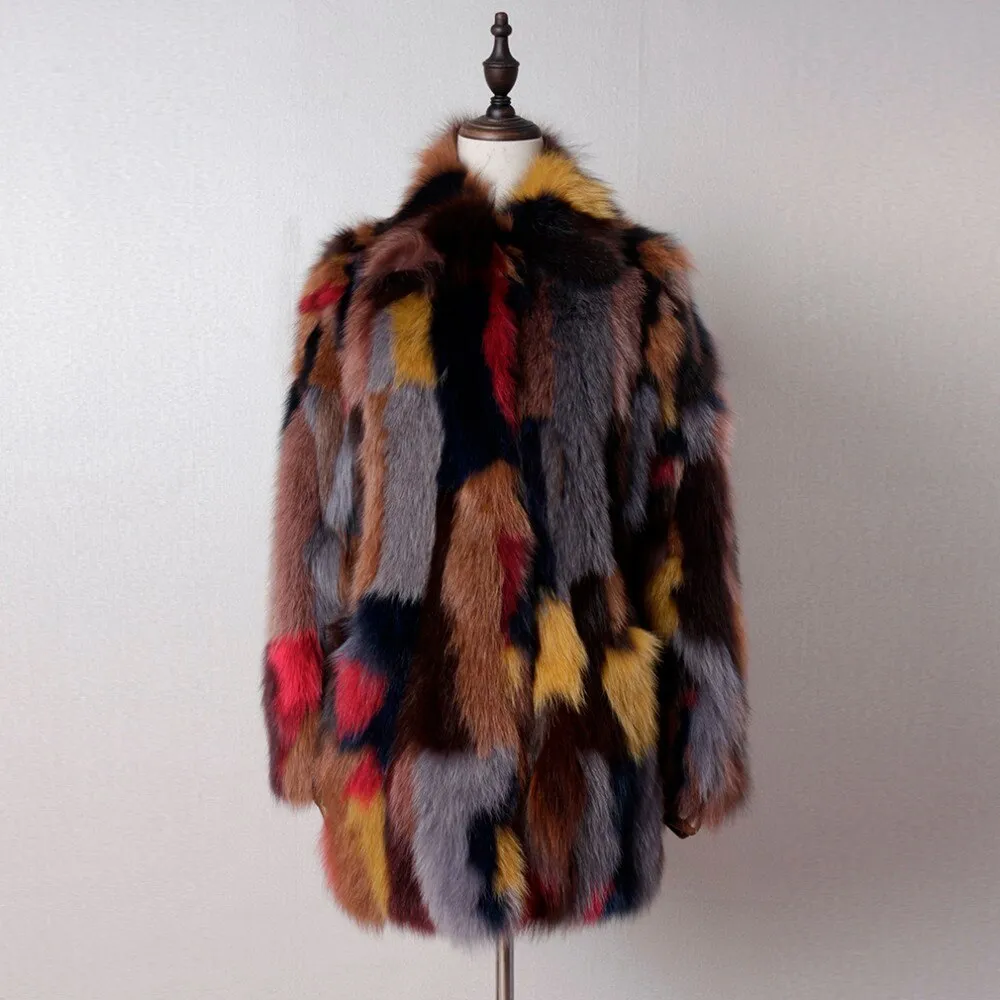 Women Long Real Fox Fur Coat Contrast Color Turn-down Collar Winter Warm Outwear Fur Story FS161214