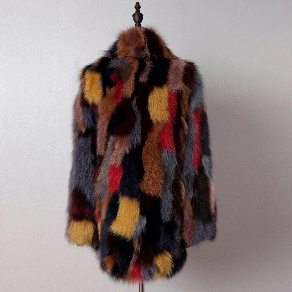 Women Long Real Fox Fur Coat Contrast Color Turn-down Collar Winter Warm Outwear Fur Story FS161214