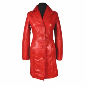 Women Red Cow Leather Steampunk Goth Style Trench Coat  - T16-RED