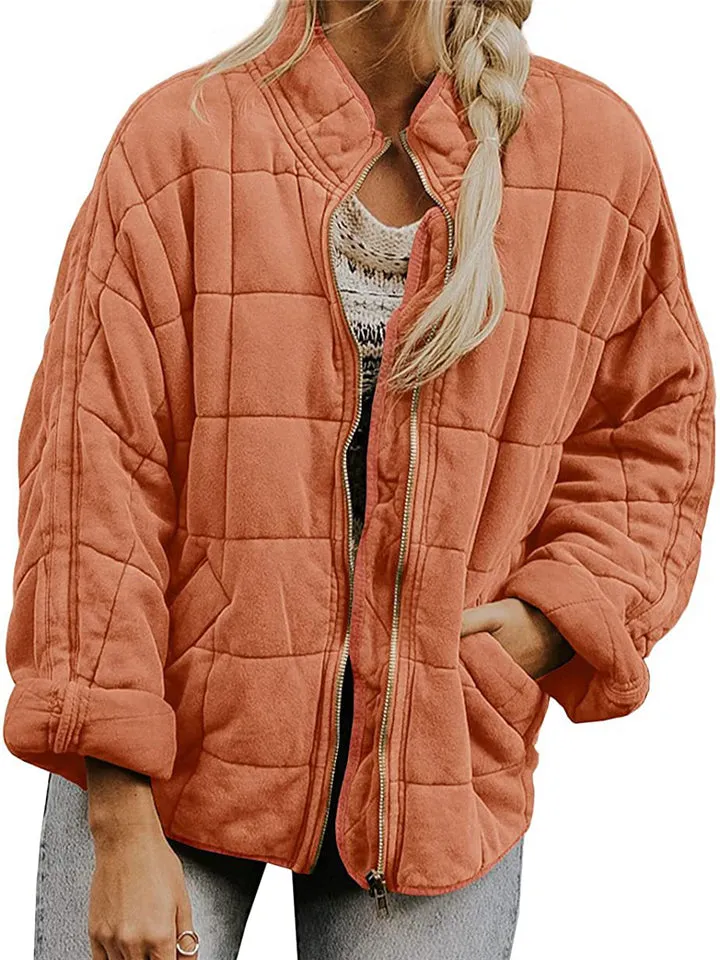 Women's Casual Loose Plaid Pattern Solid Color Long Sleeve Coat