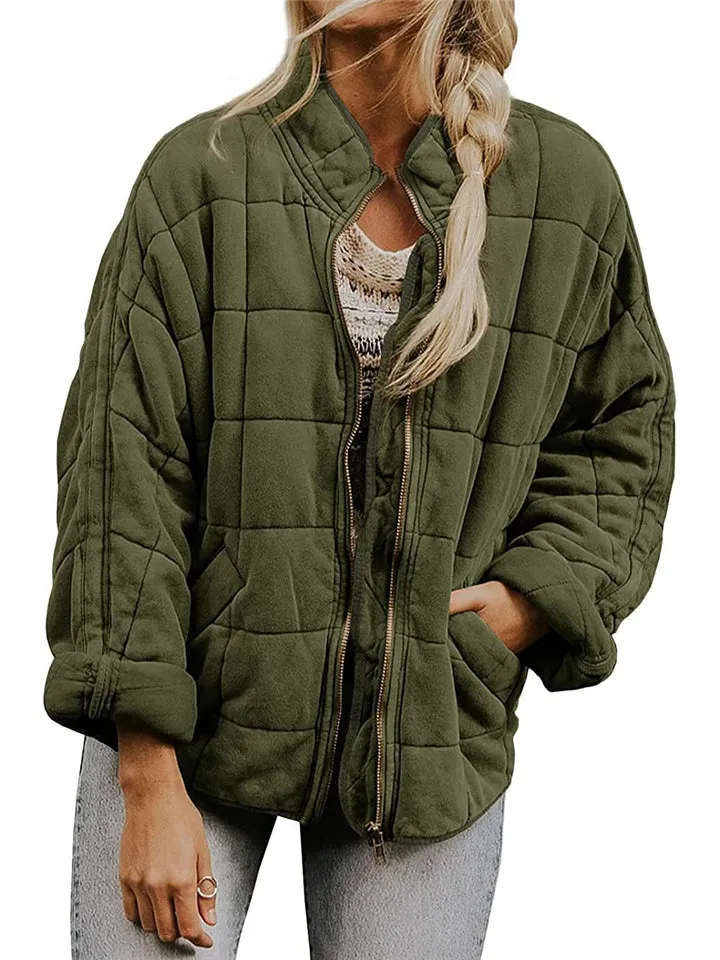 Women's Casual Loose Plaid Pattern Solid Color Long Sleeve Coat