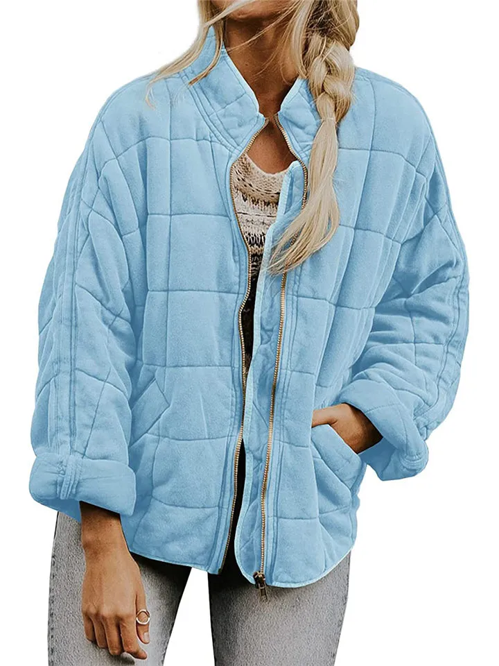 Women's Casual Loose Plaid Pattern Solid Color Long Sleeve Coat