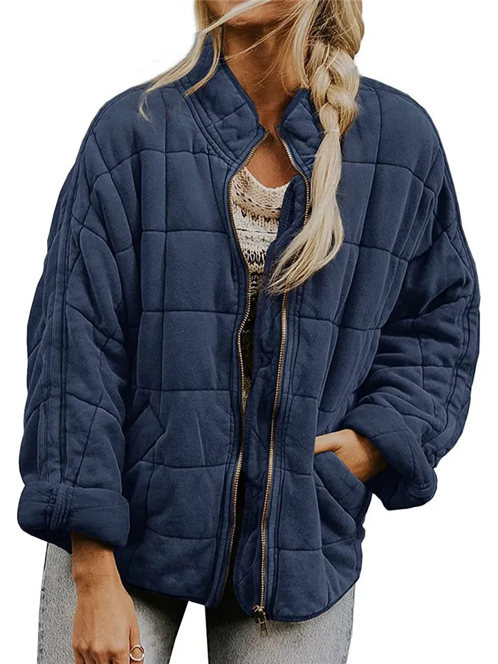 Women's Casual Loose Plaid Pattern Solid Color Long Sleeve Coat