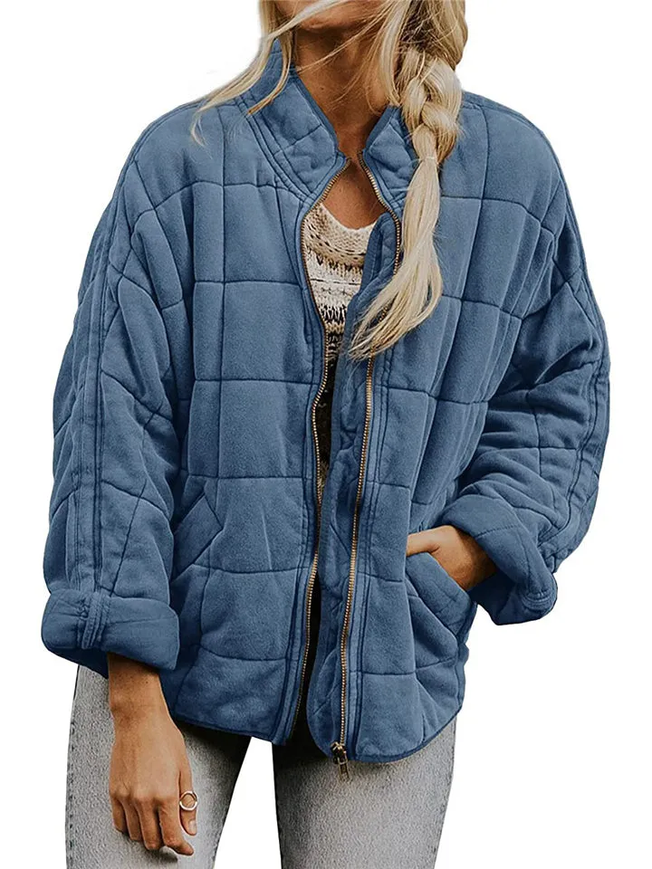 Women's Casual Loose Plaid Pattern Solid Color Long Sleeve Coat