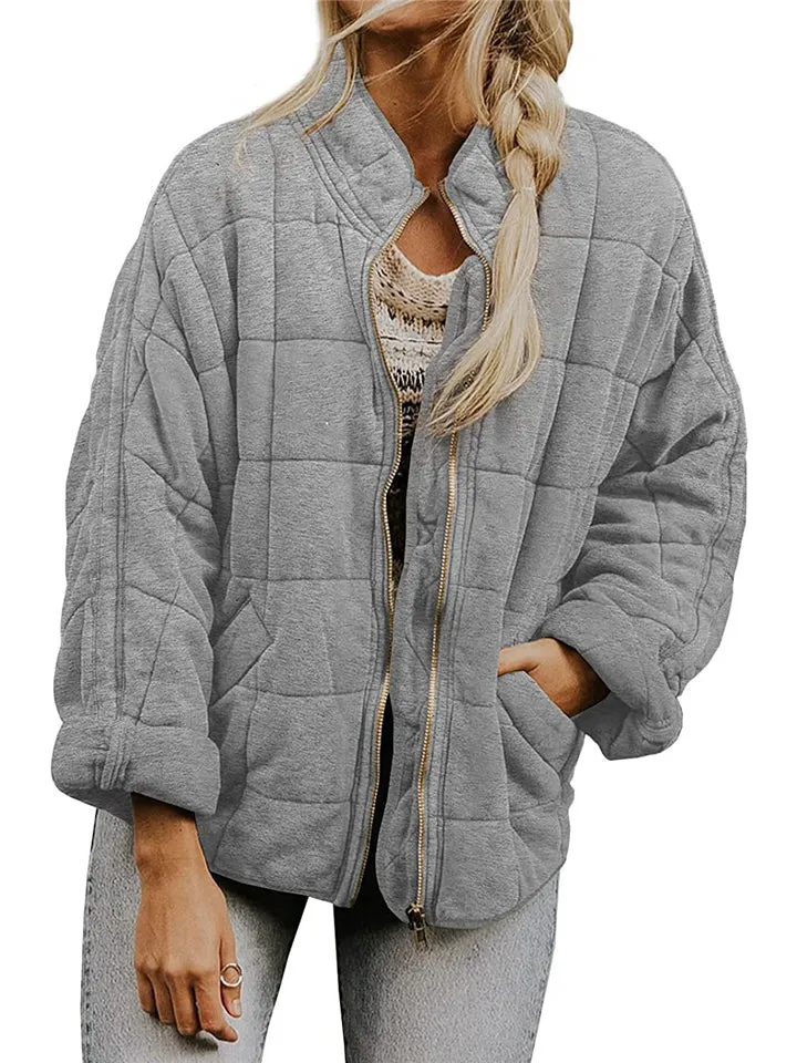 Women's Casual Loose Plaid Pattern Solid Color Long Sleeve Coat