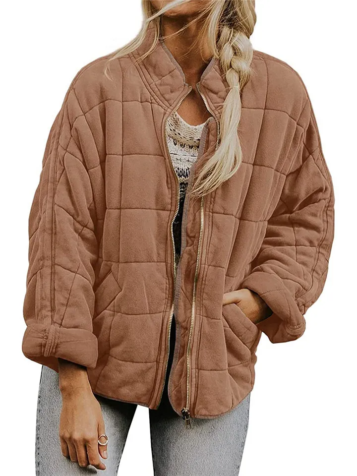 Women's Casual Loose Plaid Pattern Solid Color Long Sleeve Coat