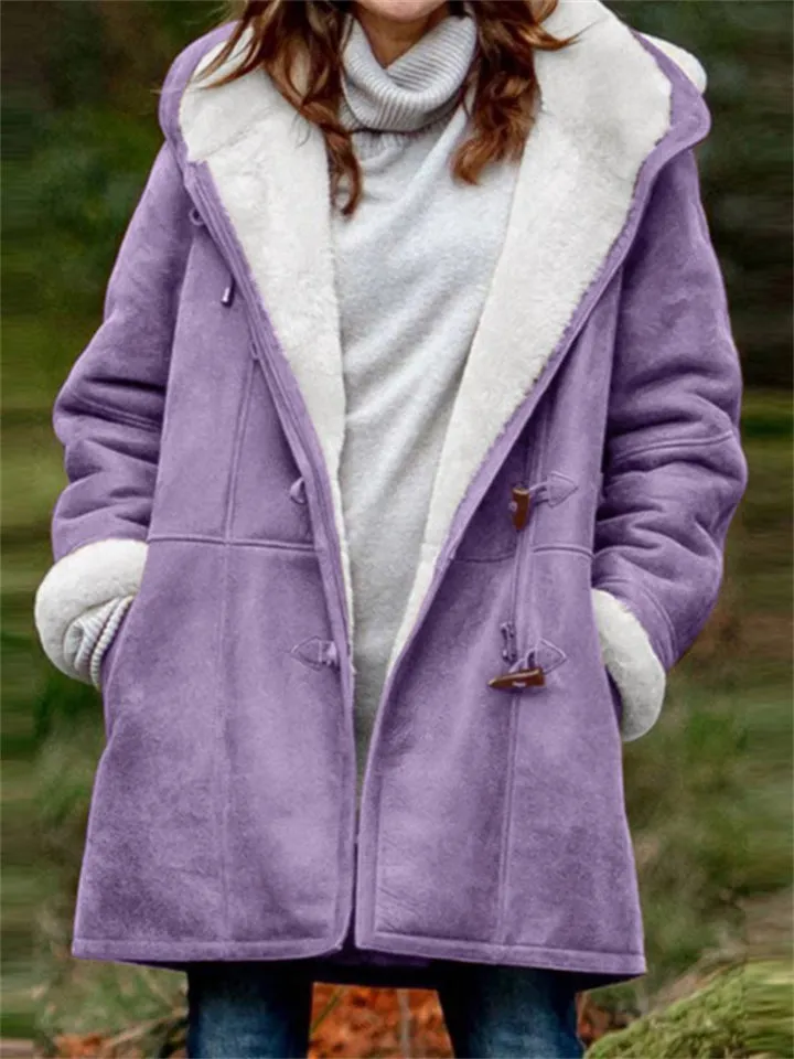 Women's Cozy Fur Lining Hooded Coat with Horn Toggles